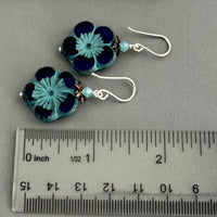 Large Indigo Blue Flower Czech Glass Bohemian Drop Earrings in Sterling Silver