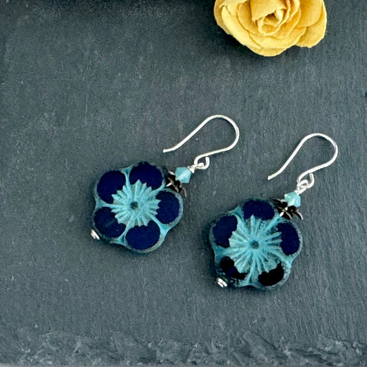 Large Indigo Blue Flower Czech Glass Bohemian Drop Earrings in Sterling Silver