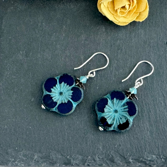 Large Indigo Blue Flower Czech Glass Bohemian Drop Earrings in Sterling Silver