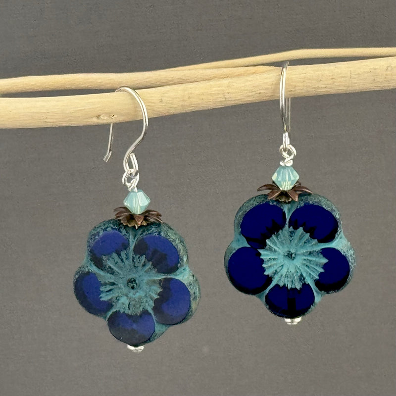 Large Indigo Blue Flower Czech Glass Bohemian Drop Earrings in Sterling Silver