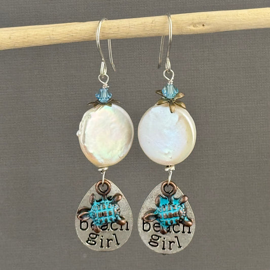 White Freshwater Coin Pearl Beachy Earrings in Sterling Silver