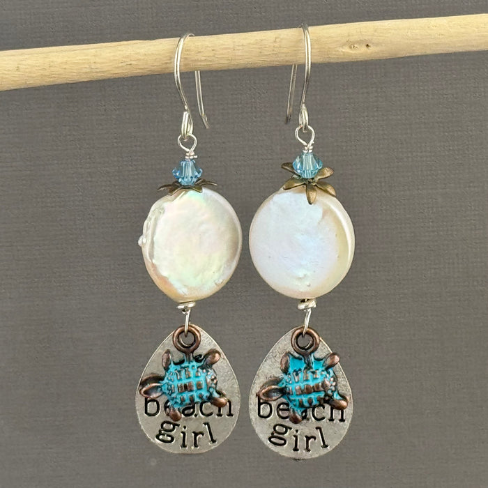 White Freshwater Coin Pearl Beachy Earrings in Sterling Silver
