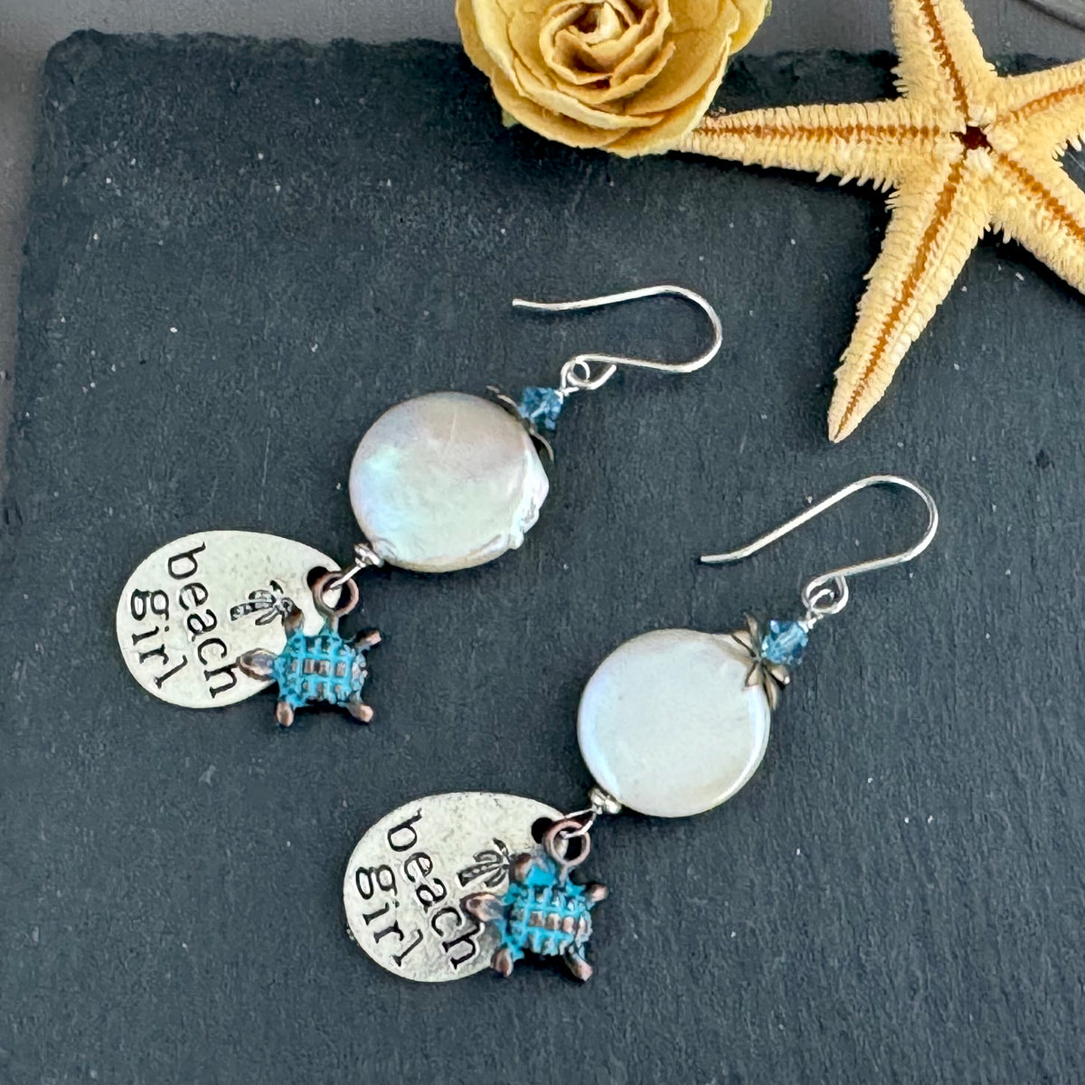 White Freshwater Coin Pearl Beachy Earrings in Sterling Silver