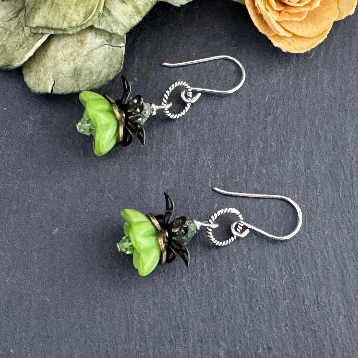 Green Czech Glass Flower Drop Earrings in Sterling Silver