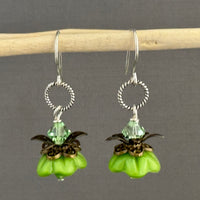 Green Czech Glass Flower Drop Earrings in Sterling Silver