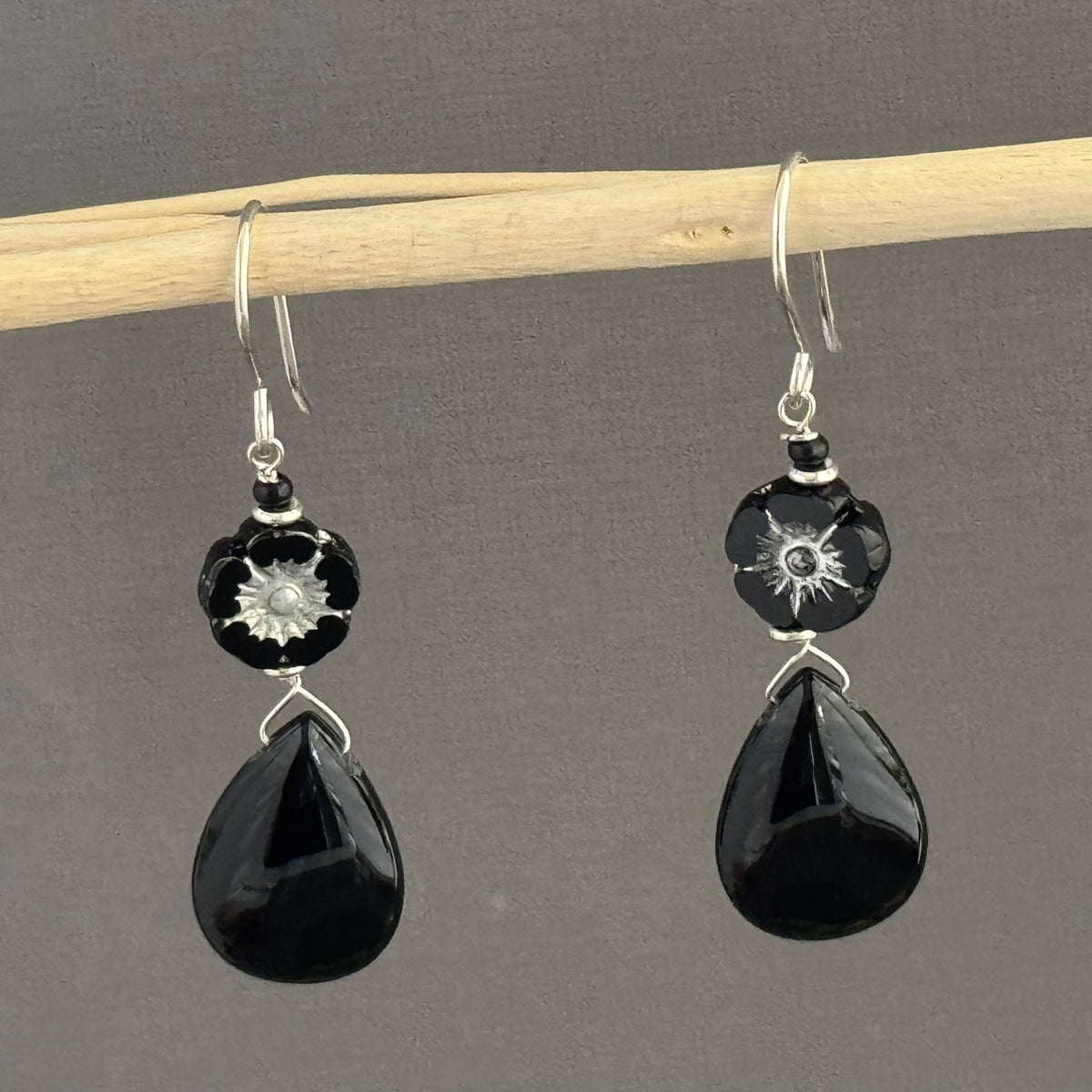 Black Czech Glass Flower and Black Agate Earrings in Sterling Silver