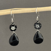 Black Czech Glass Flower and Black Agate Earrings in Sterling Silver