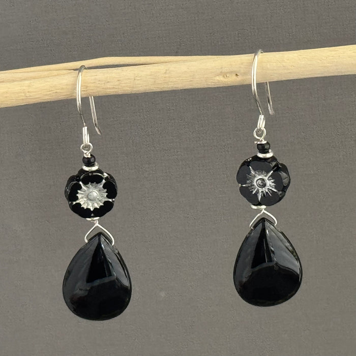 Black Czech Glass Flower and Black Agate Earrings in Sterling Silver