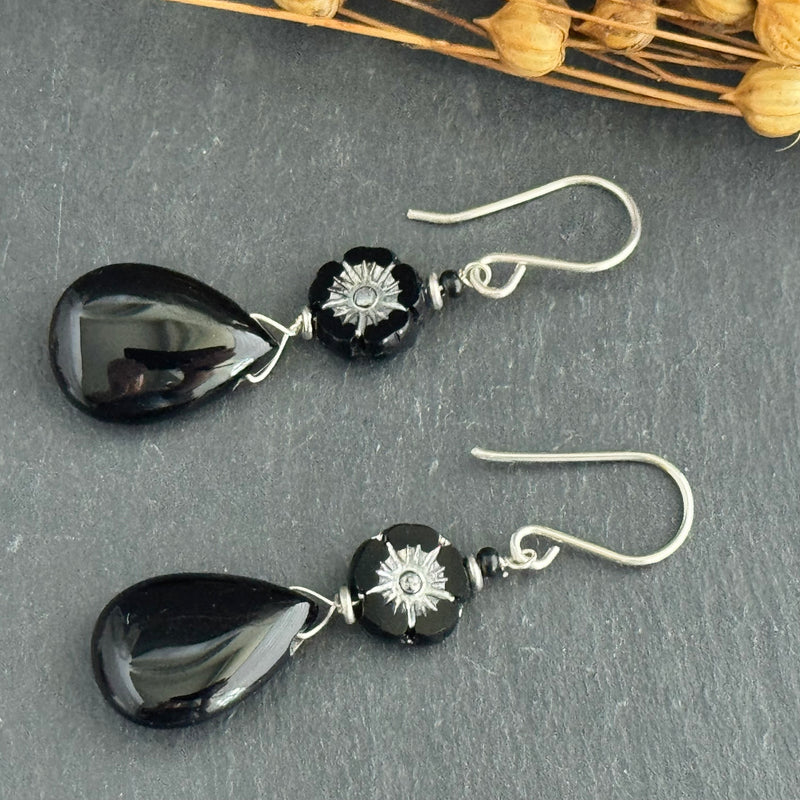 Black Czech Glass Flower and Black Agate Earrings in Sterling Silver