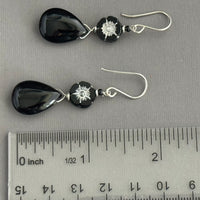 Black Czech Glass Flower and Black Agate Earrings in Sterling Silver