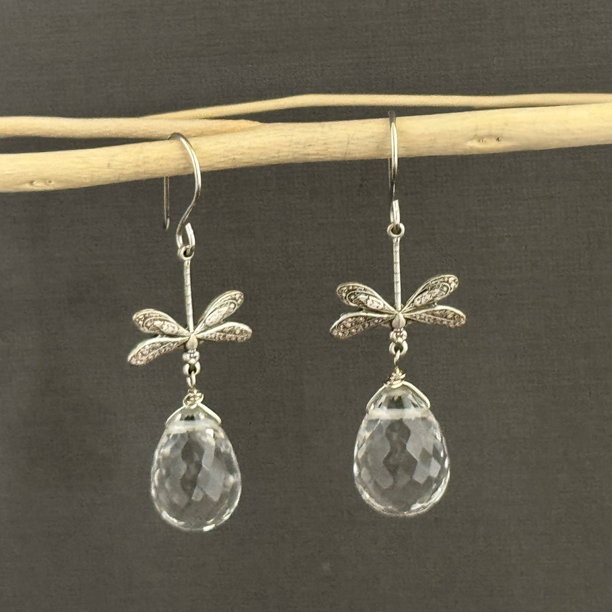 Large Crystal Quartz Briollet Dragon Fly Earrings in Sterling Silver