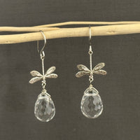Large Crystal Quartz Briollet Dragon Fly Earrings in Sterling Silver