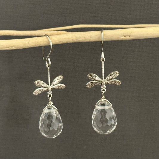 Large Crystal Quartz Briollet Dragon Fly Earrings in Sterling Silver