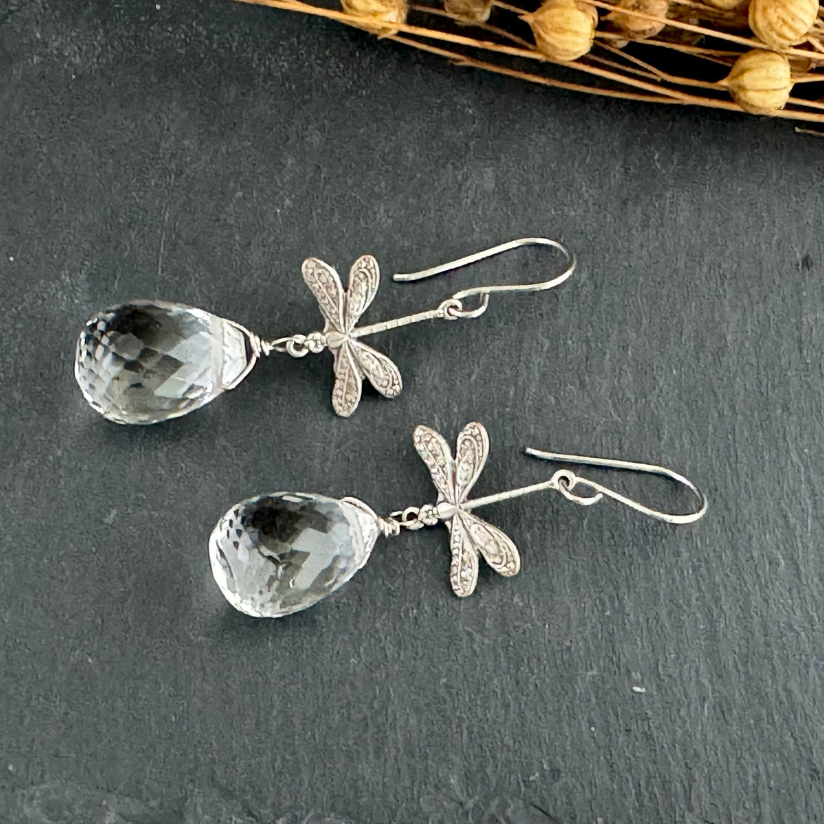Large Crystal Quartz Briollet Dragon Fly Earrings in Sterling Silver