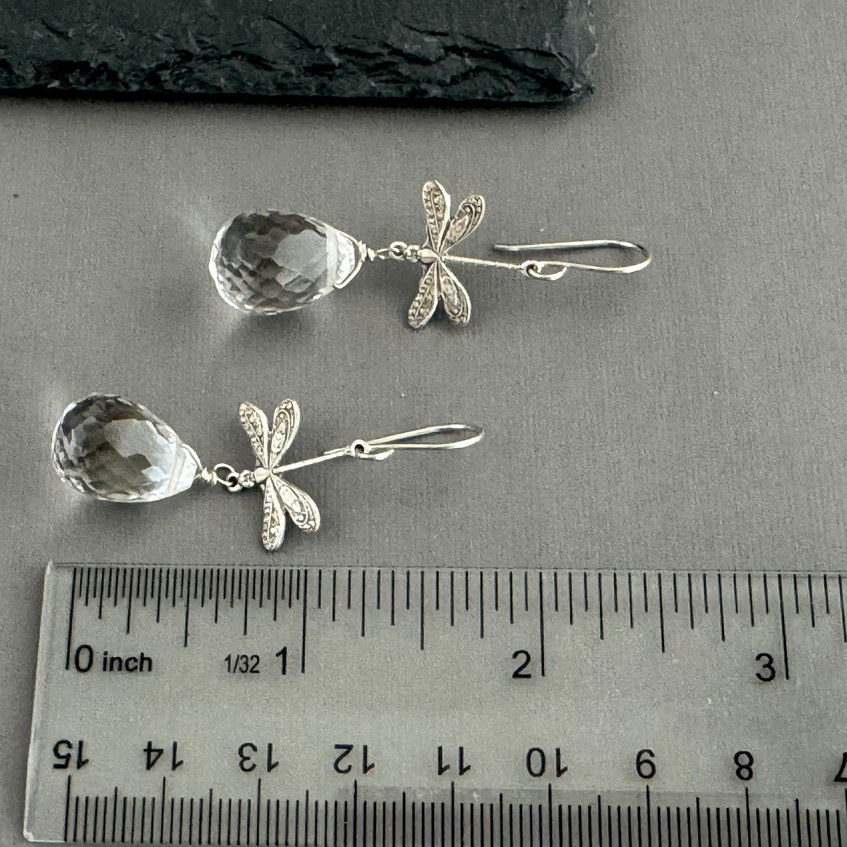 Large Crystal Quartz Briollet Dragon Fly Earrings in Sterling Silver