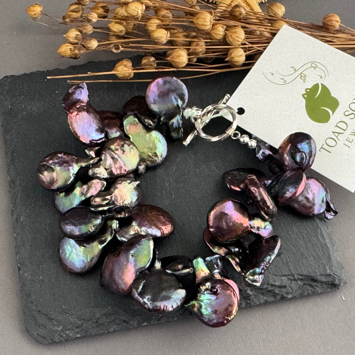 Gray Iridescent Freshwater Pearl Paddle Bracelet in Sterling Silver