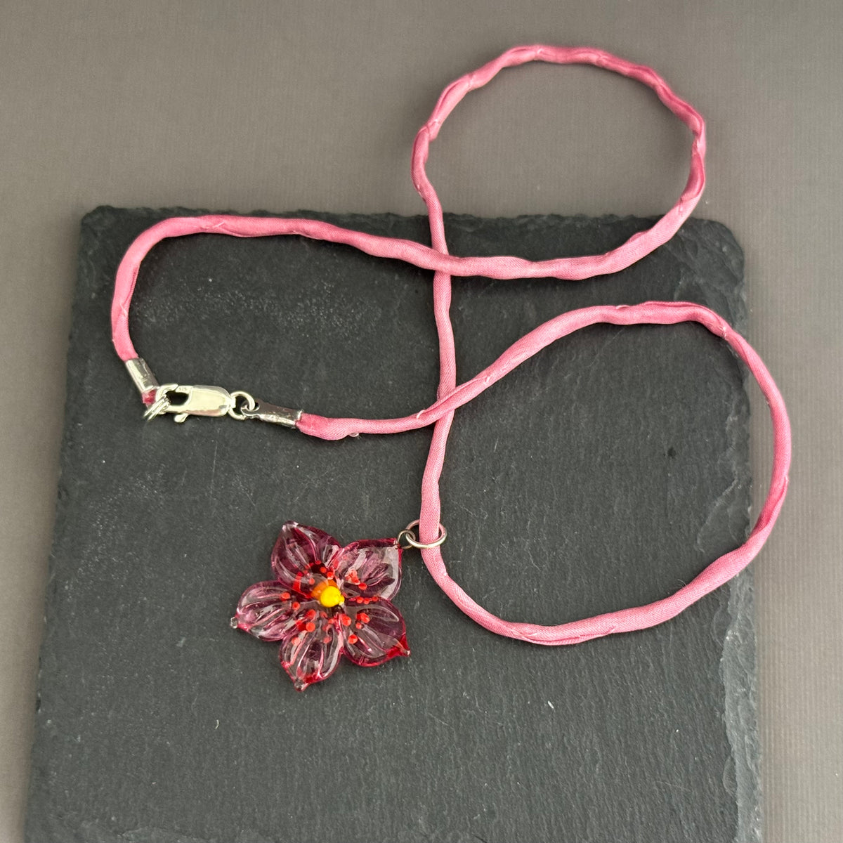 Czech Glass Pink and Yellow Flower Pendant Necklace in Sterling Silver