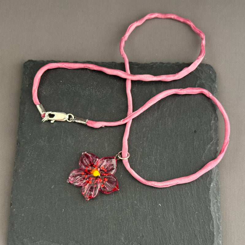 Czech Glass Pink and Yellow Flower Pendant Necklace in Sterling Silver
