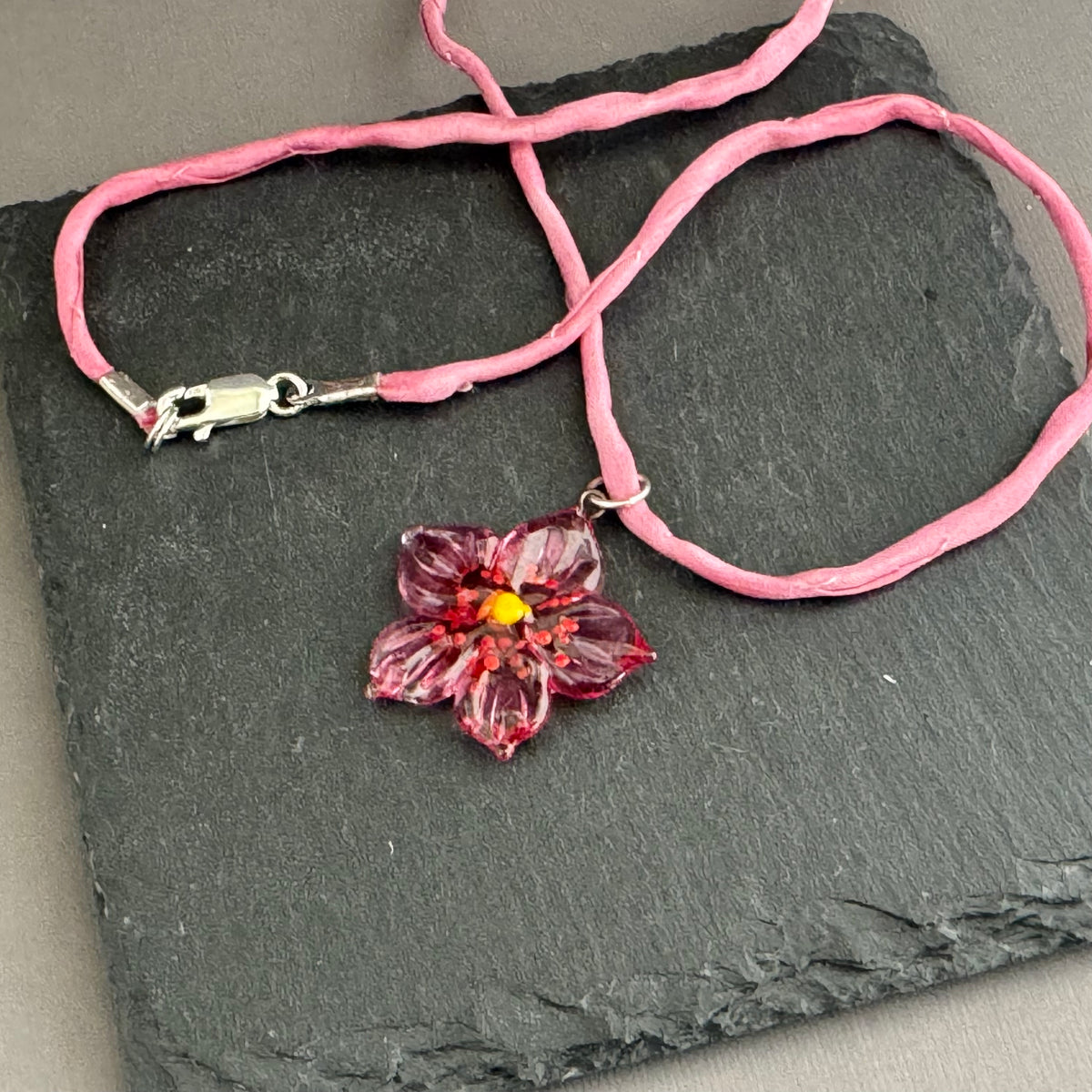 Czech Glass Pink and Yellow Flower Pendant Necklace in Sterling Silver