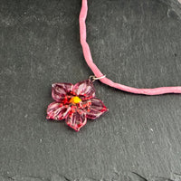 Czech Glass Pink and Yellow Flower Pendant Necklace in Sterling Silver