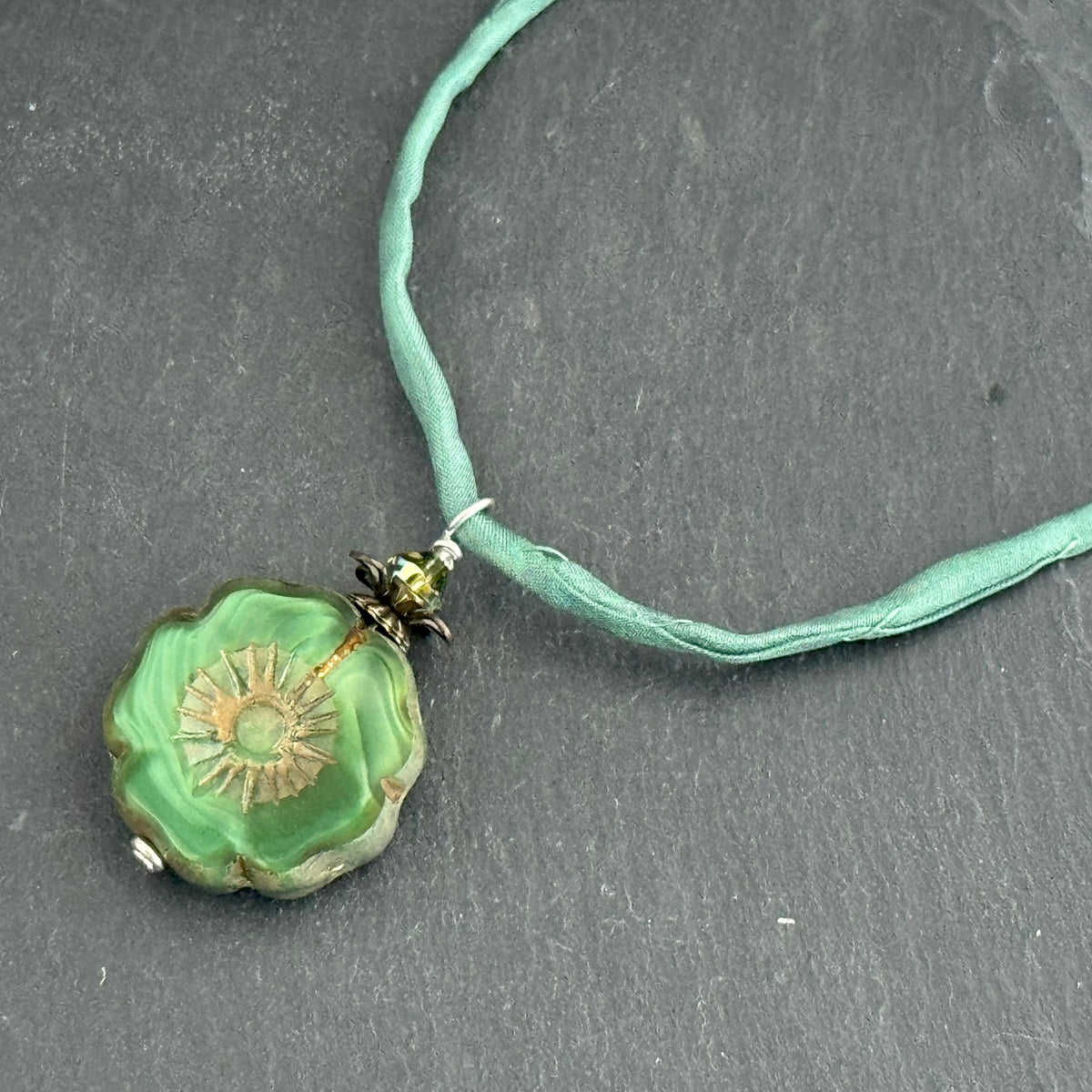 Czech Glass Green Hibiscus Flower Pendant Necklace in Sterling Silver