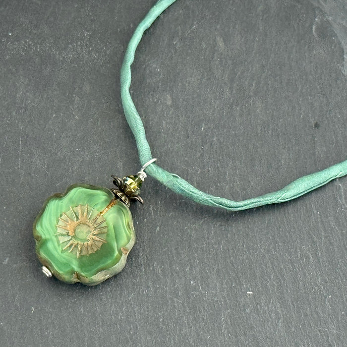 Czech Glass Green Hibiscus Flower Pendant Necklace in Sterling Silver