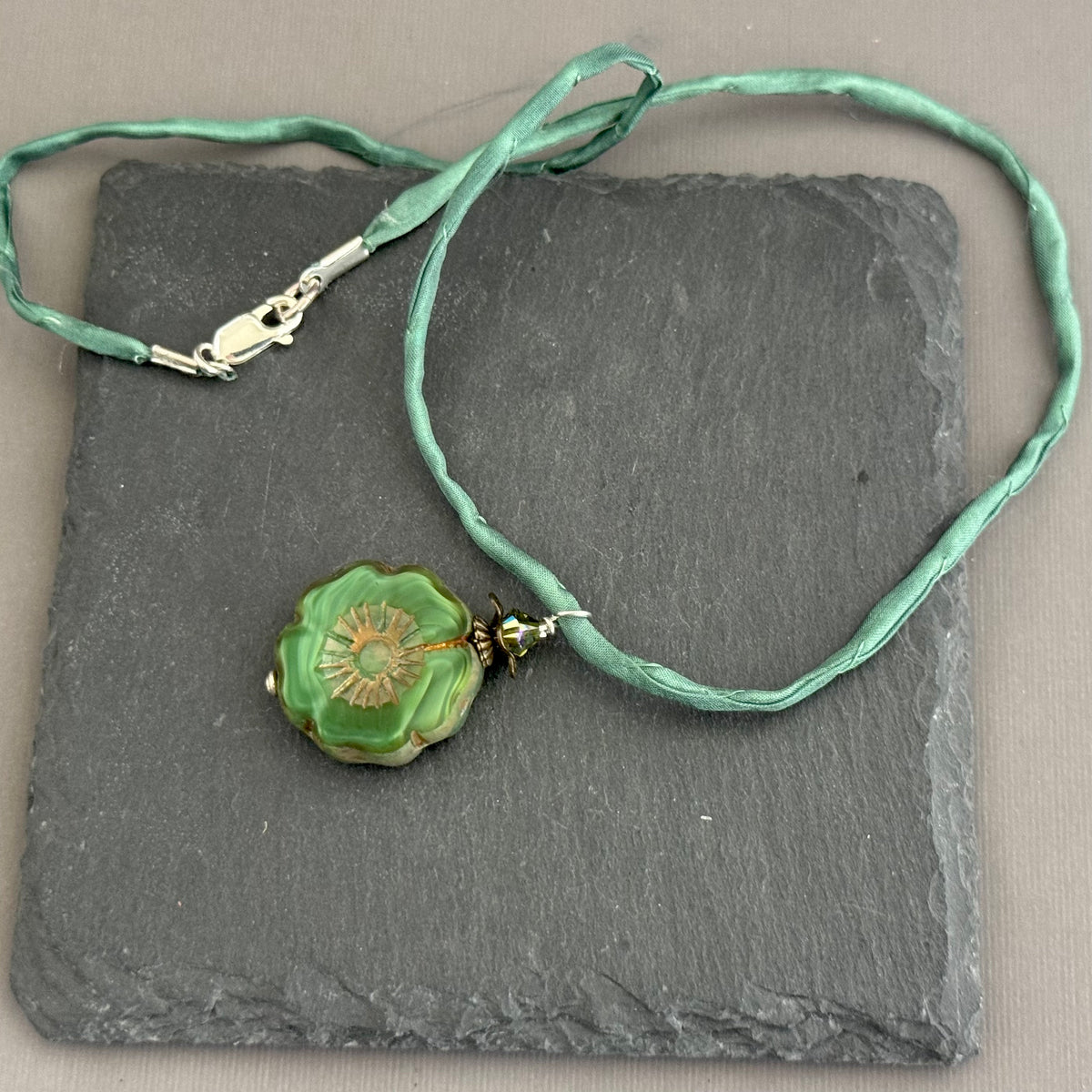 Czech Glass Green Hibiscus Flower Pendant Necklace in Sterling Silver