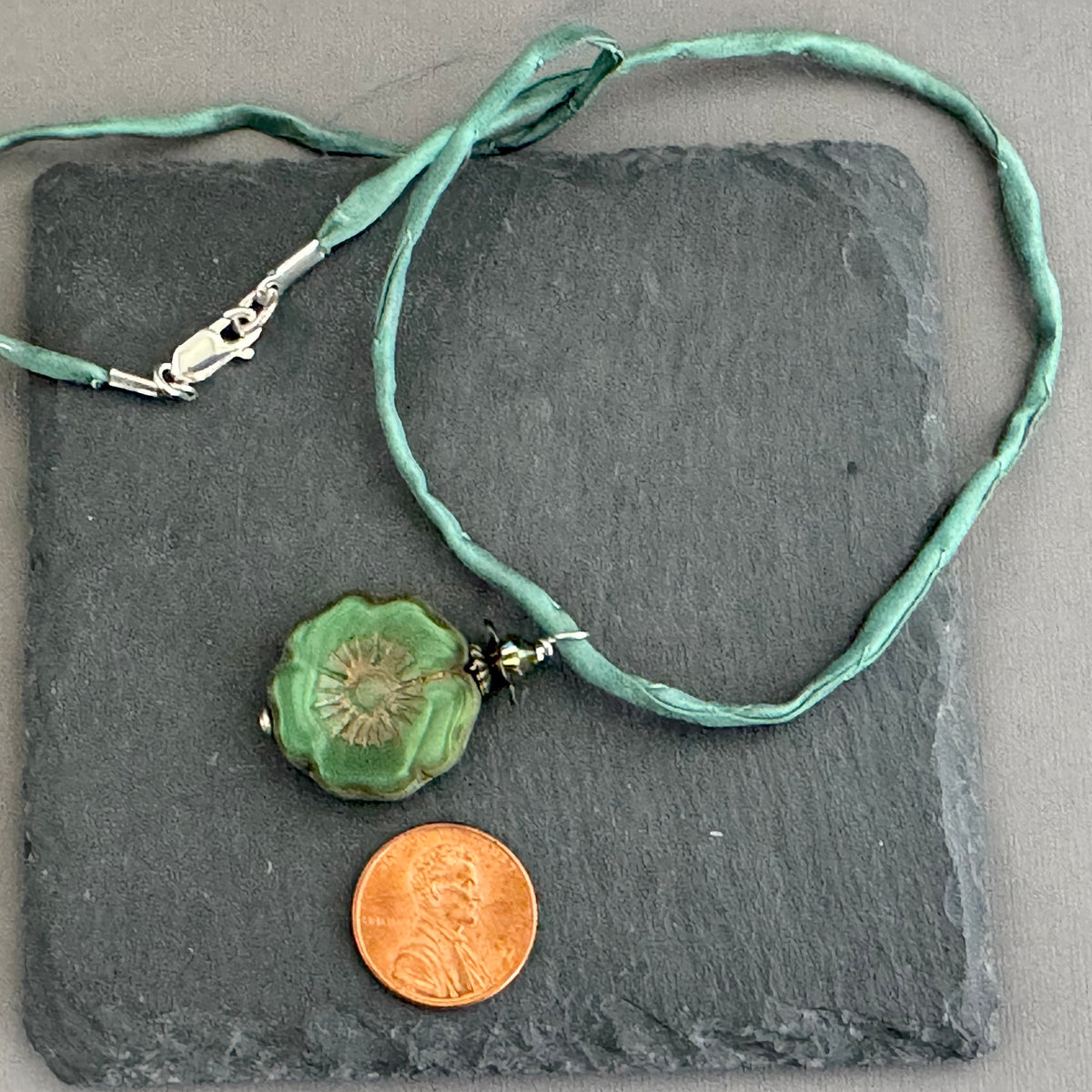 Czech Glass Green Hibiscus Flower Pendant Necklace in Sterling Silver