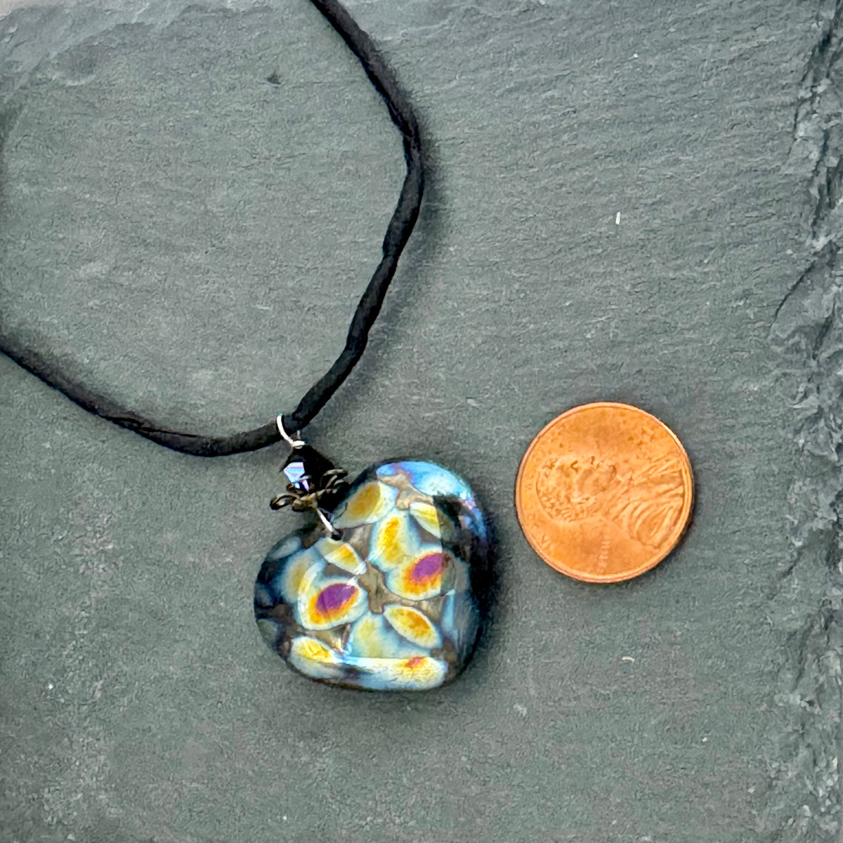 Czech Glass Huge Black Heart Pendant Necklace on Silk Cord