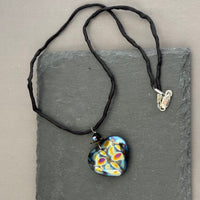 Czech Glass Huge Black Heart Pendant Necklace on Silk Cord