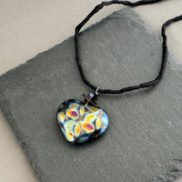 Czech Glass Huge Black Heart Pendant Necklace on Silk Cord