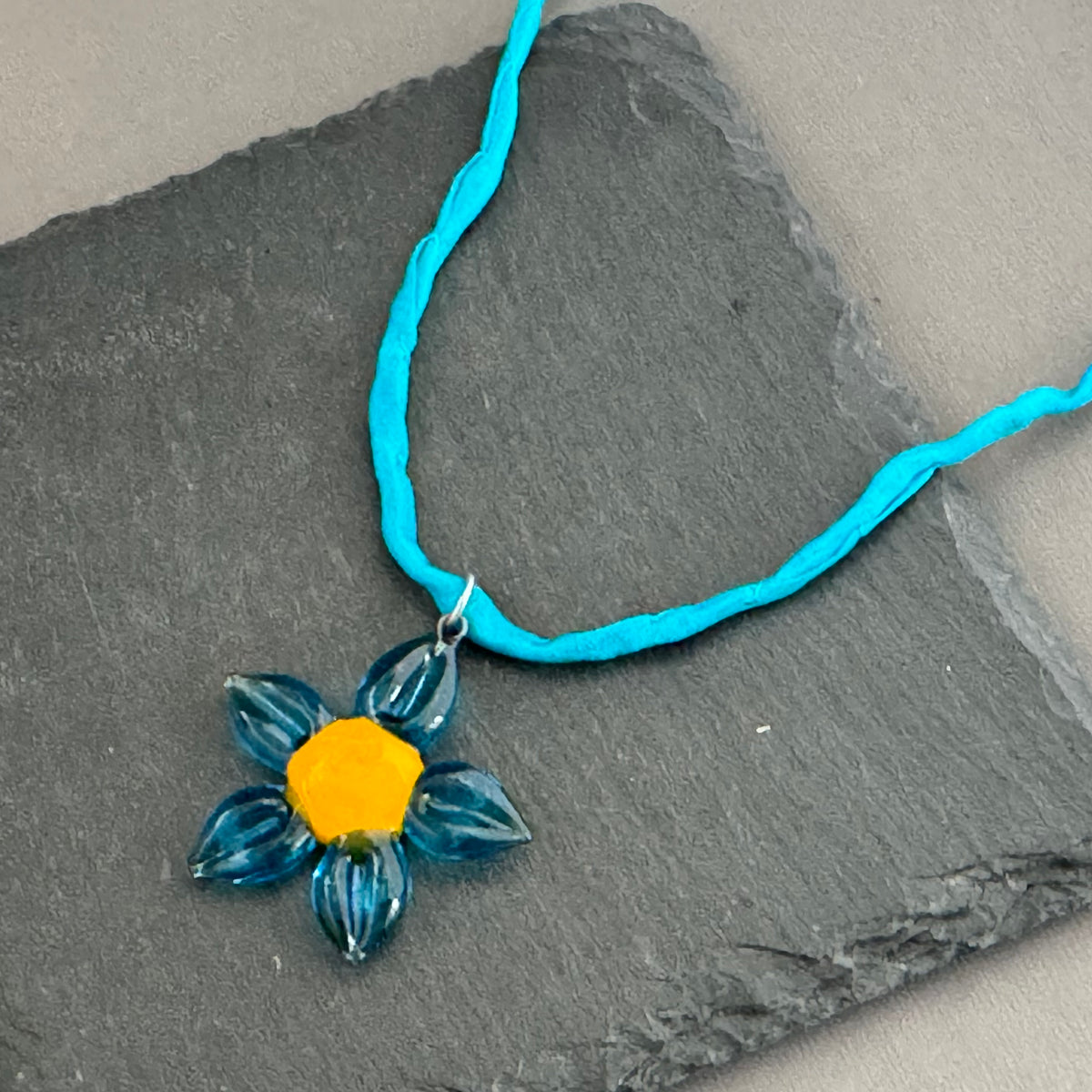 Czech Glass Blue and Yellow Flower Pendant Necklace in Sterling Silver