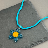 Czech Glass Blue and Yellow Flower Pendant Necklace in Sterling Silver