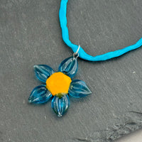 Czech Glass Blue and Yellow Flower Pendant Necklace in Sterling Silver