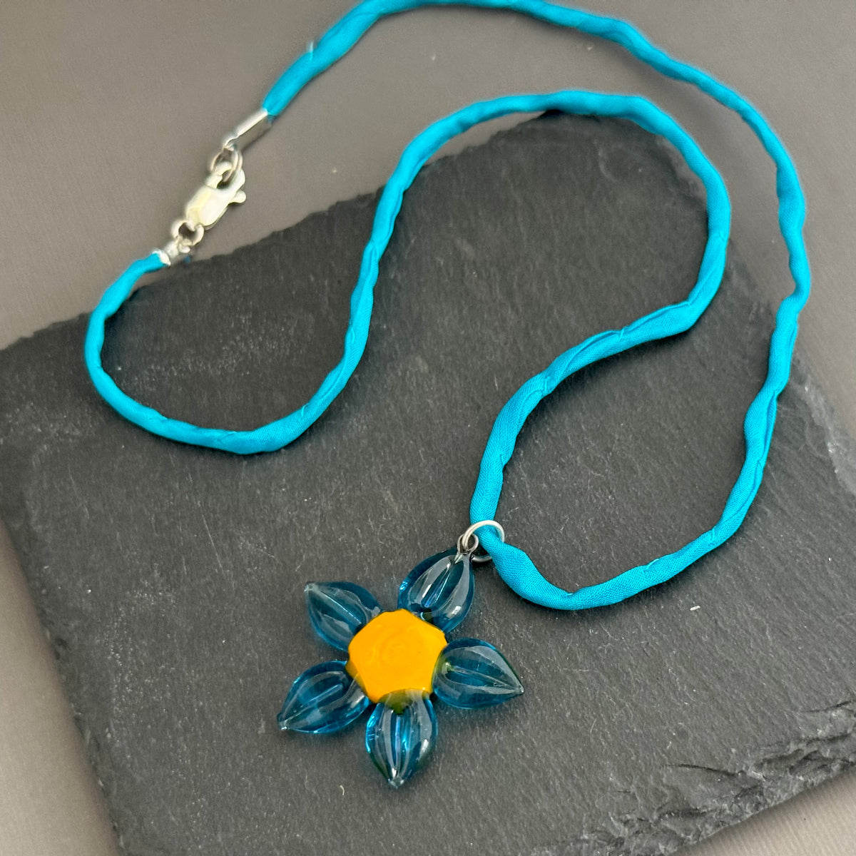 Czech Glass Blue and Yellow Flower Pendant Necklace in Sterling Silver