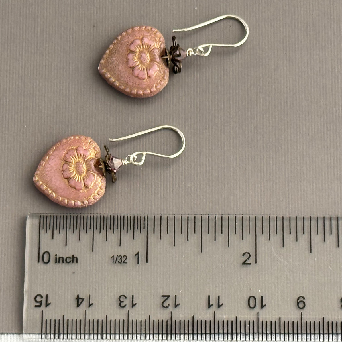 Czech Glass Pink Heart Earrings in Sterling Silver