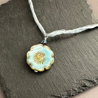 Czech Glass Light Blue Hibiscus Flower Pendant Necklace in Sterling Silver
