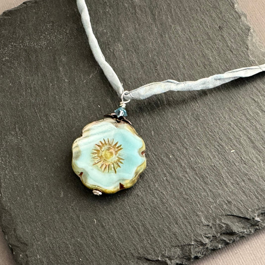 Czech Glass Light Blue Hibiscus Flower Pendant Necklace in Sterling Silver