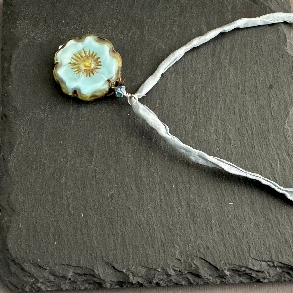 Czech Glass Light Blue Hibiscus Flower Pendant Necklace in Sterling Silver