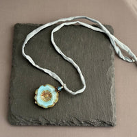 Czech Glass Light Blue Hibiscus Flower Pendant Necklace in Sterling Silver