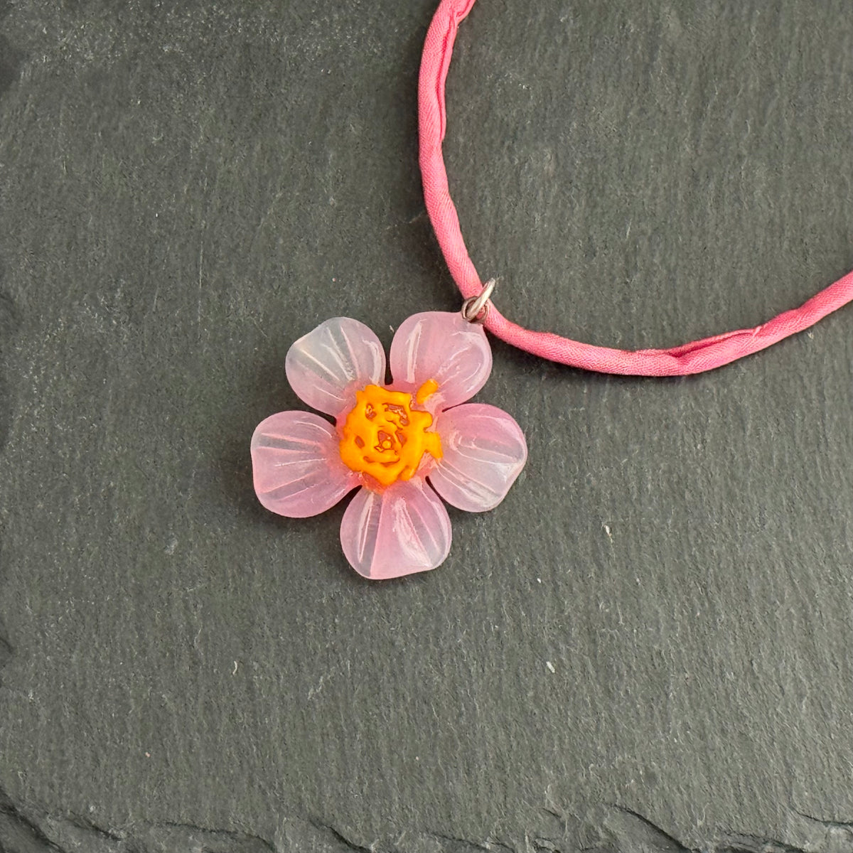 Czech Glass Pale Pink and Yellow Flower Pendant Necklace in Sterling Silver