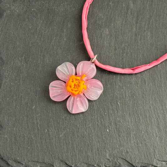 Czech Glass Pale Pink and Yellow Flower Pendant Necklace in Sterling Silver