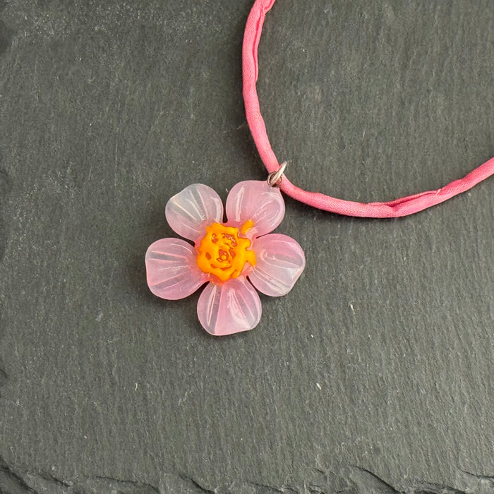 Czech Glass Pale Pink and Yellow Flower Pendant Necklace in Sterling Silver