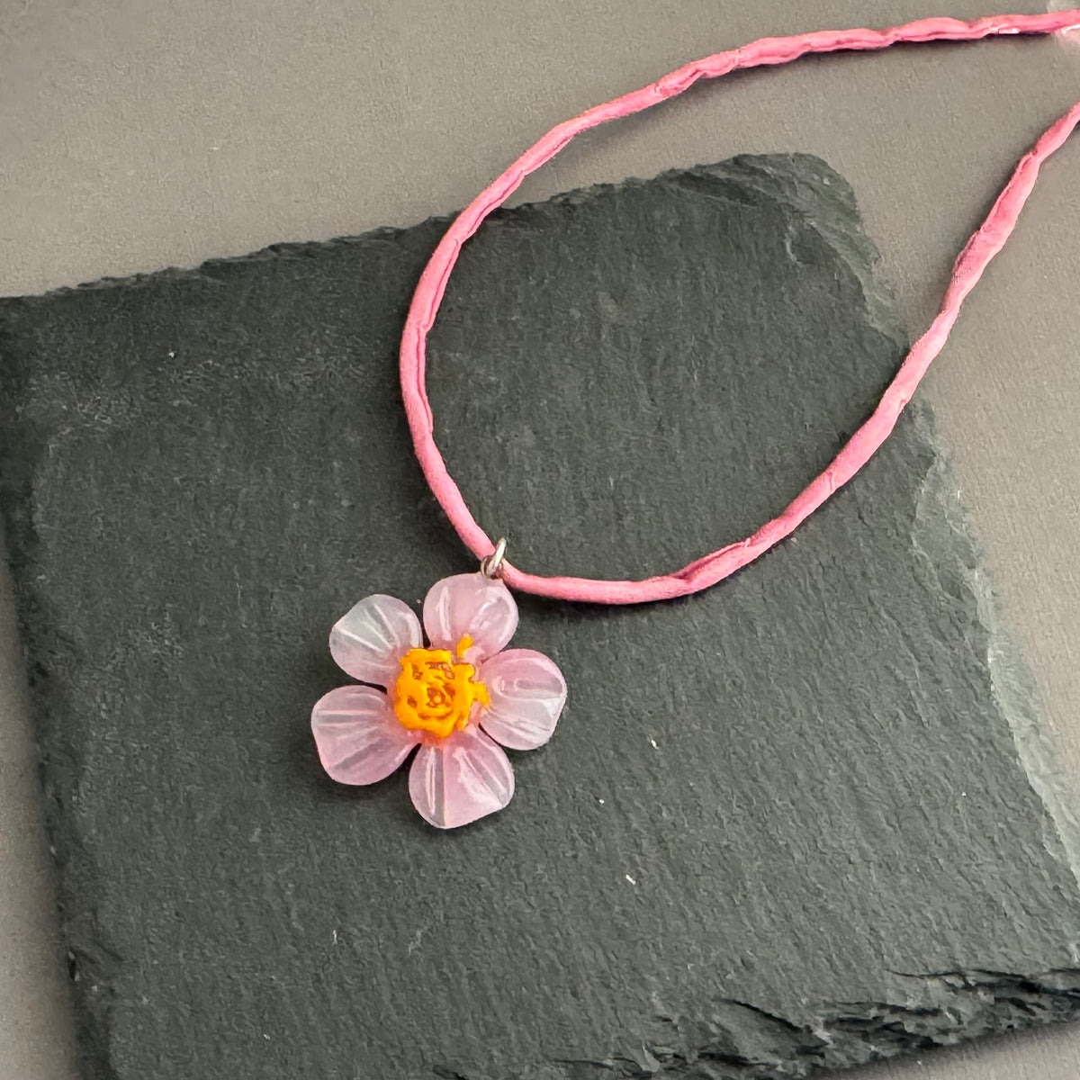 Czech Glass Pale Pink and Yellow Flower Pendant Necklace in Sterling Silver