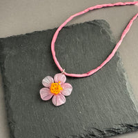 Czech Glass Pale Pink and Yellow Flower Pendant Necklace in Sterling Silver