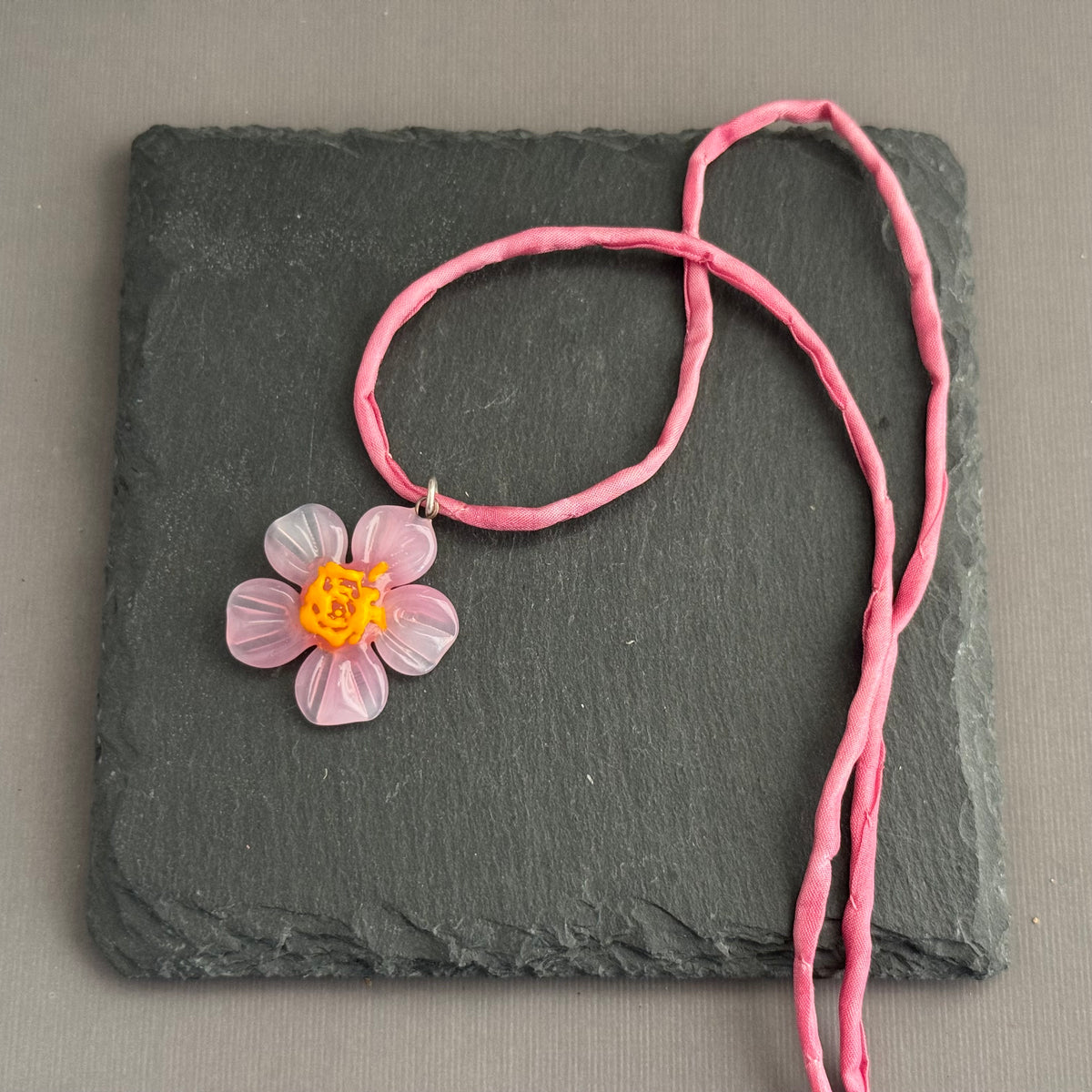 Czech Glass Pale Pink and Yellow Flower Pendant Necklace in Sterling Silver