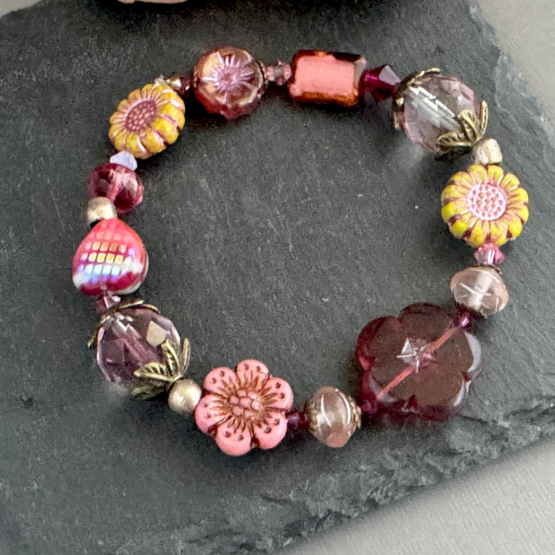 Pink and Yellow Flower Czech Glass Stretch Bracelet