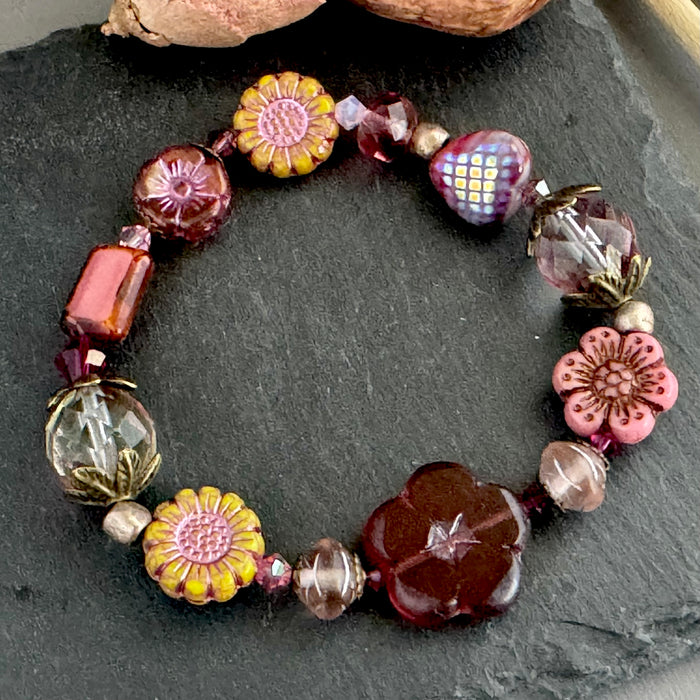 Pink and Yellow Flower Czech Glass Stretch Bracelet