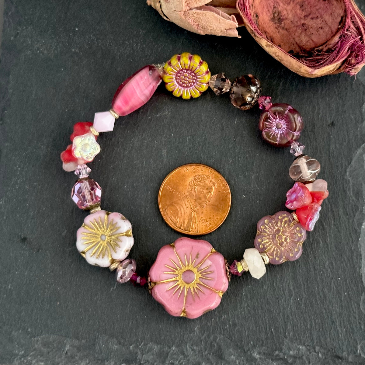 Pink Flower Czech Glass Stretch Bracelet