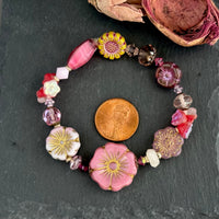 Pink Flower Czech Glass Stretch Bracelet